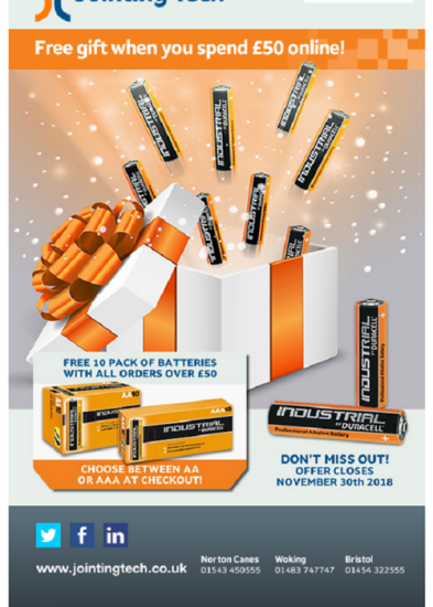 Get 10 Duracell batteries free when you spend £50 online with Jointing Tech!